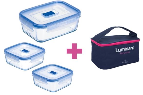Набор контейнеров для еды голубой с сумкой 3 штуки 380/380/820 ударопрочное стекло